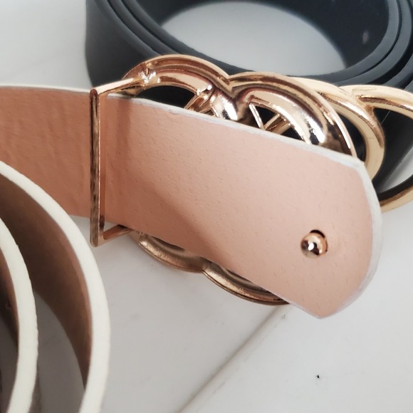 Set of 3 Women Faux Leather Belts Black White Snakeskin Gold Double Ring Buckle main image 7
